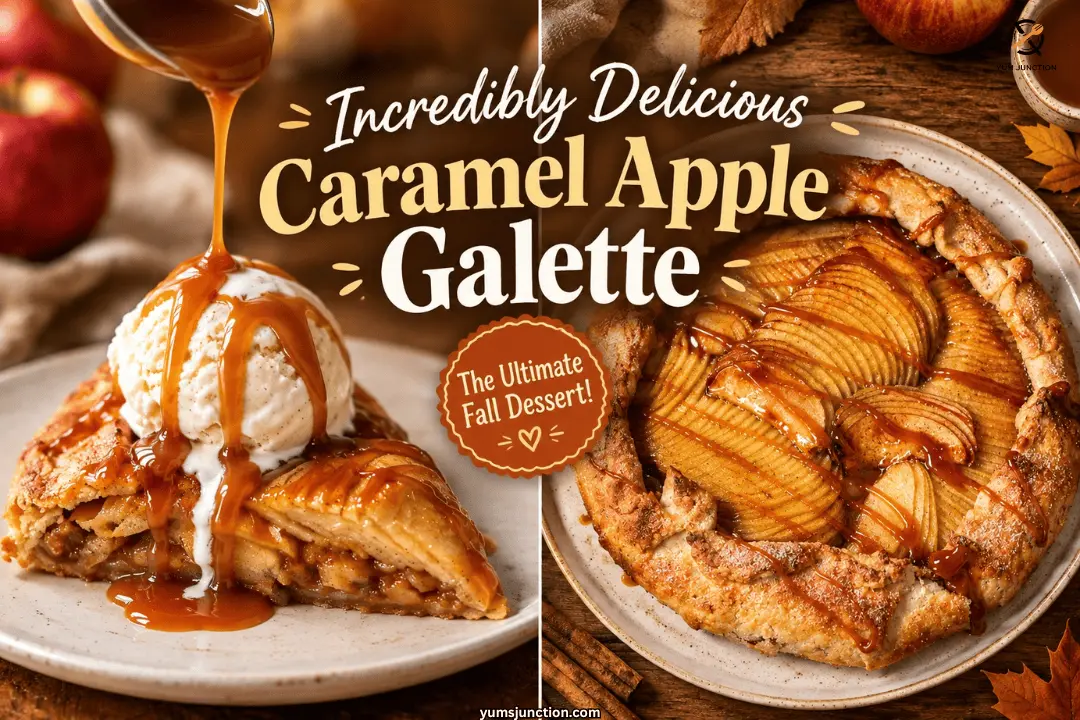 Incredibly delicious caramel apple galette pin showing a slice with ice cream and caramel drizzle next to a whole galette