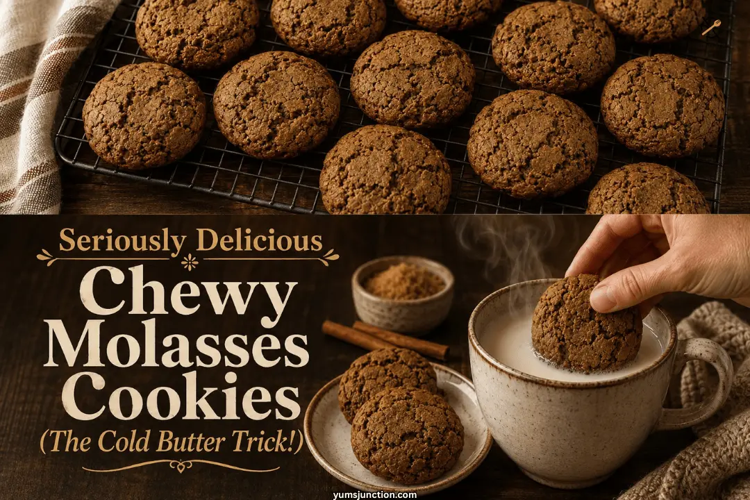 Seriously delicious chewy molasses cookies pin with cookies on a cooling rack and one being dunked into a mug of milk