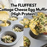 Egg mixture being poured into muffin tin next to a cottage cheese egg muffin with a bite taken out