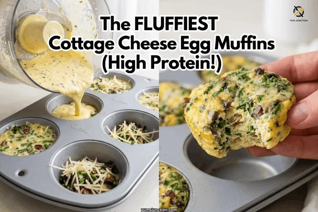 Egg mixture being poured into muffin tin next to a cottage cheese egg muffin with a bite taken out