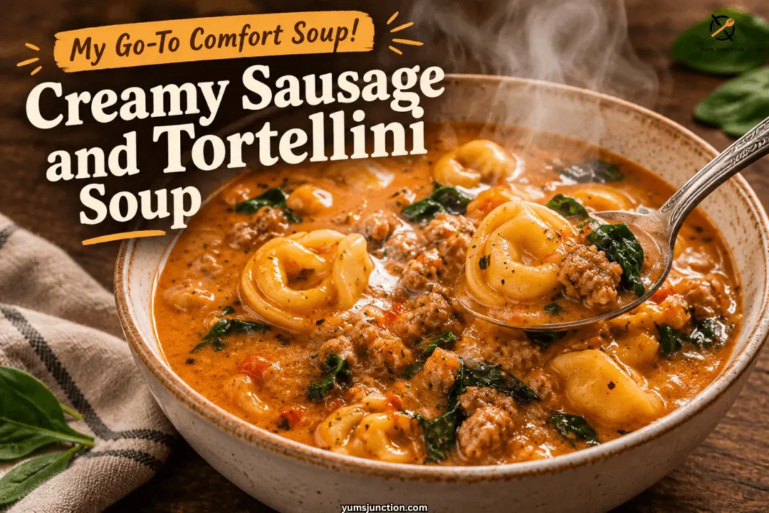 Steaming bowl of creamy sausage and tortellini soup with a spoon lifting cheese tortellini sausage and spinach from a rich tomato broth