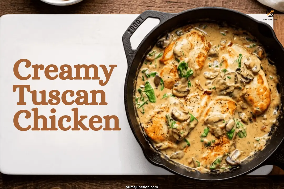 Creamy Tuscan chicken pin with seared chicken, mushrooms, and spinach in cream sauce in a cast iron skillet