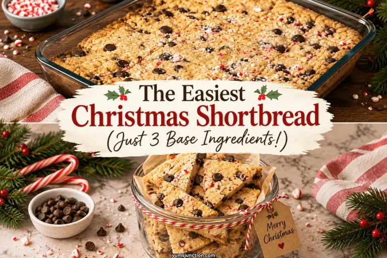 Easiest Christmas shortbread pin showing peppermint chocolate chip shortbread in a baking dish and cut into triangles in a gift jar