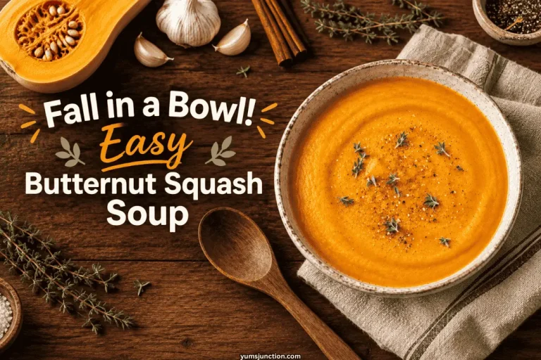 Bowl of butternut squash soup surrounded by raw squash, garlic, and cinnamon sticks on a wood table