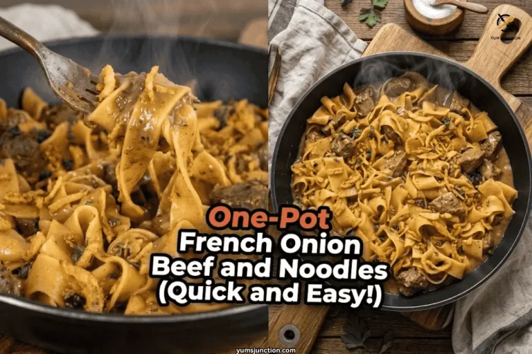 Fork twirling creamy French onion beef and noodles next to an overhead shot of the finished skillet