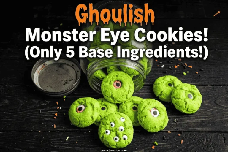 Ghoulish monster eye cookies pin with green cookies and candy eyeballs spilling out of a glass jar on a dark background