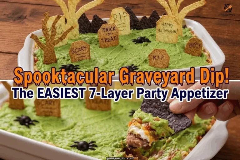 Blue corn chip scooping up layered halloween graveyard dip showing bean, cheese, and sour cream layers