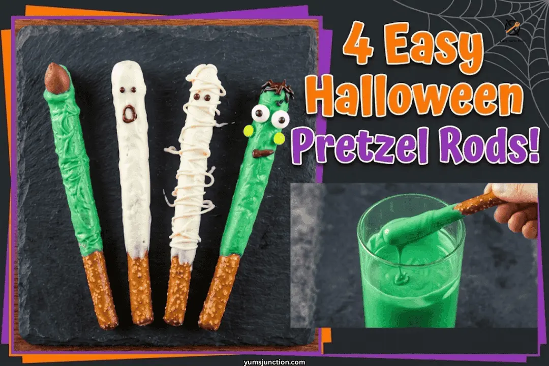 Four easy Halloween pretzel rods on a slate board next to a pretzel being dipped in green candy melts