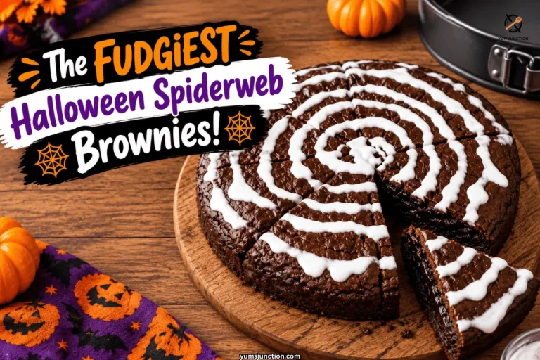 Fudgy Halloween spiderweb brownie slice pulled away from the round cake showing dense chocolate center