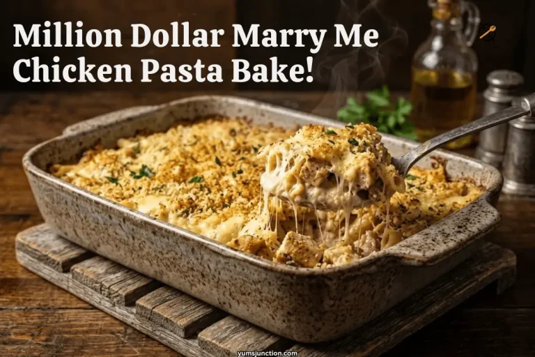 Million dollar marry me chicken pasta bake pin with a cheesy spoonful being lifted from a baking dish