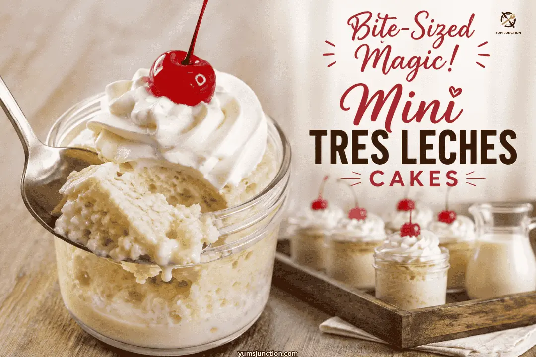 Bite sized mini tres leches cakes pin with a spoonful of soaked cake and whipped cream from a glass jar