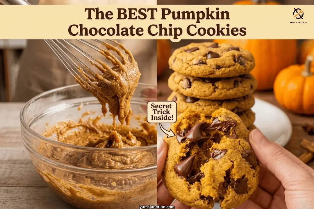 Pumpkin chocolate chip cookie batter being whisked next to a stack of baked cookies with one broken open showing melted chocolate