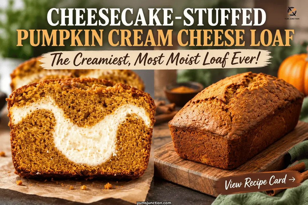 Cheesecake-stuffed pumpkin cream cheese loaf sliced open showing a creamy swirl, next to the whole baked loaf on a wood board