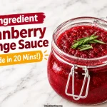 Glass jar of thick homemade cranberry orange sauce topped with a fresh rosemary sprig on a marble counter