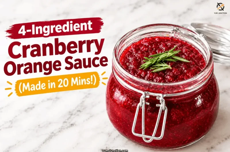 Glass jar of thick homemade cranberry orange sauce topped with a fresh rosemary sprig on a marble counter