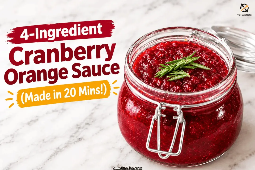 Glass jar of thick homemade cranberry orange sauce topped with a fresh rosemary sprig on a marble counter