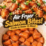 Air fryer salmon bites over white rice with green onions above a bowl of raw salmon cubes in maple soy marinade