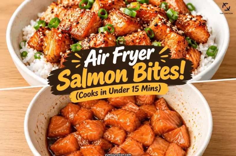 Air fryer salmon bites over white rice with green onions above a bowl of raw salmon cubes in maple soy marinade