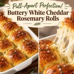 showing golden rosemary dinner rolls in a white baking dish beside a hand pulling apart a soft cheesy roll