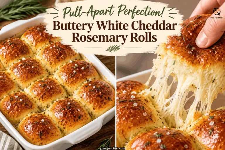 showing golden rosemary dinner rolls in a white baking dish beside a hand pulling apart a soft cheesy roll