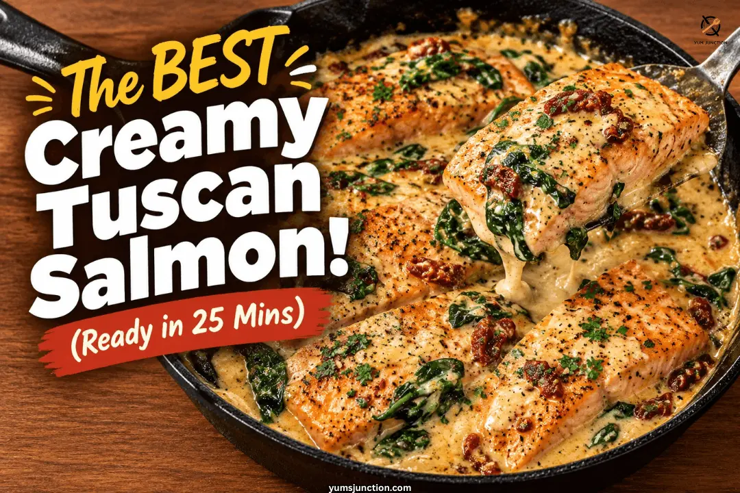 Spatula lifting a creamy Tuscan salmon fillet with spinach and sun-dried tomatoes from a cast iron skillet