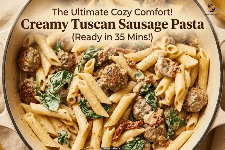 Overhead view of creamy Tuscan sausage pasta in a Dutch oven with sausage meatballs and wilted spinach