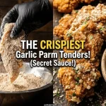 Gloved hand coating a raw chicken tender in seasoned flour next to a crispy garlic parmesan chicken tender and a bowl of dipping sauce