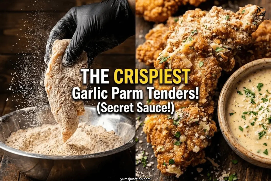 Gloved hand coating a raw chicken tender in seasoned flour next to a crispy garlic parmesan chicken tender and a bowl of dipping sauce