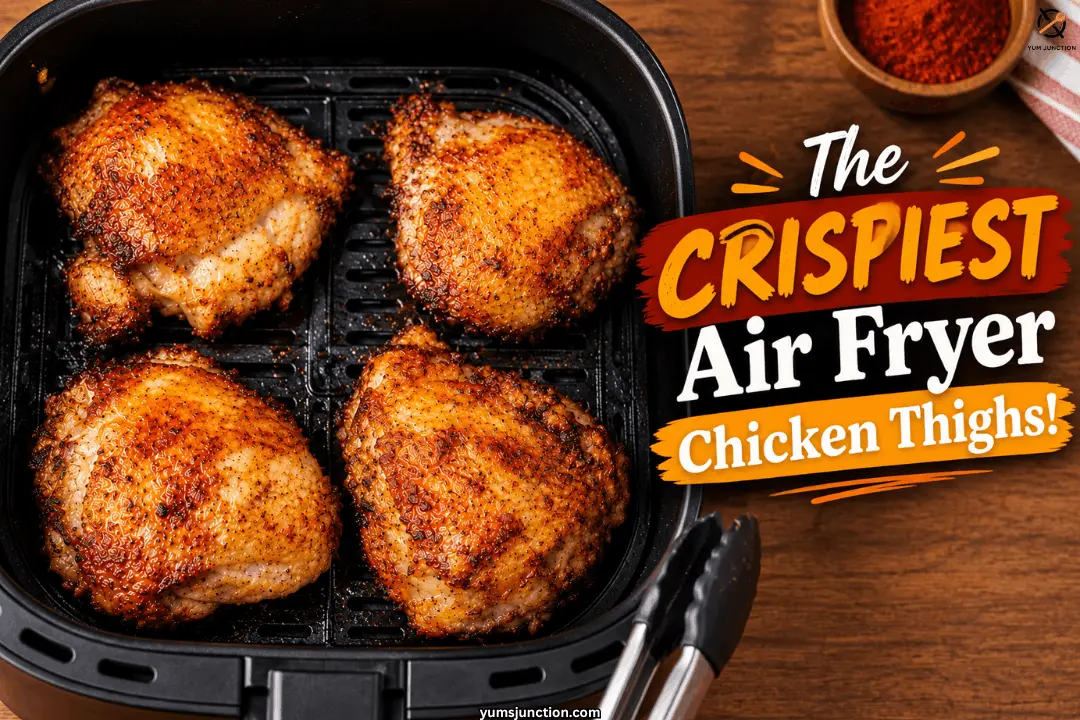 Four bone-in skin-on chicken thighs cooking in an air fryer basket with tongs and paprika bowl nearby