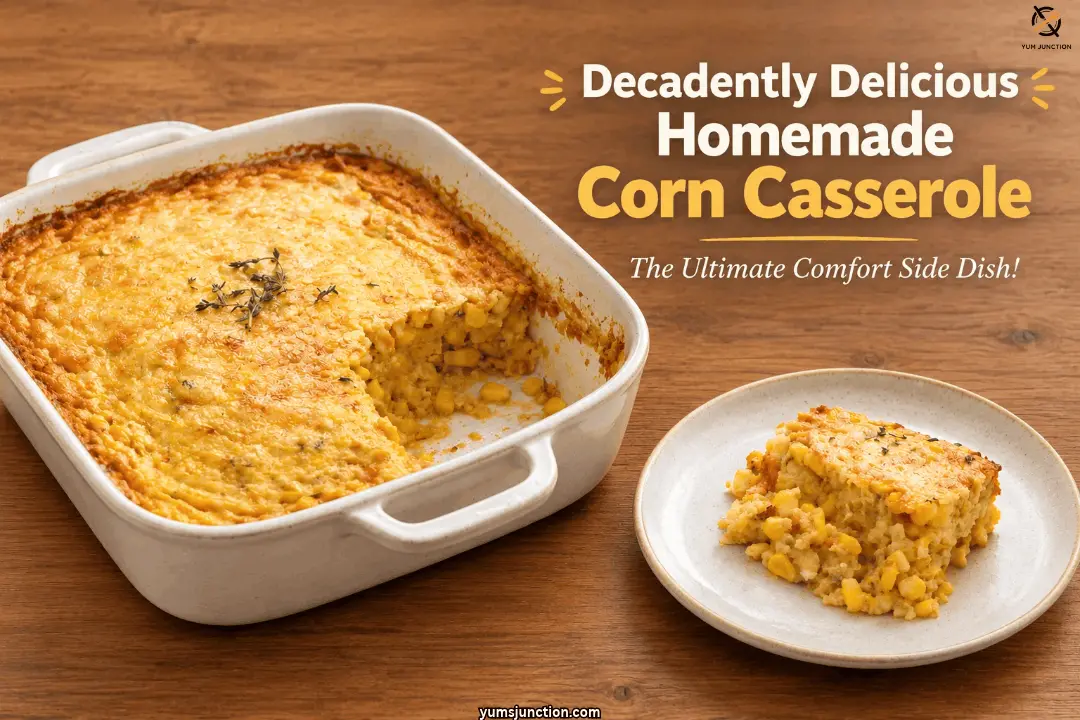 Decadently delicious homemade corn casserole in a white baking dish with a creamy slice served on a plate