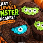 Three chocolate monster cupcakes with green and blue buttercream and one or three sugar eyes on a cooling rack