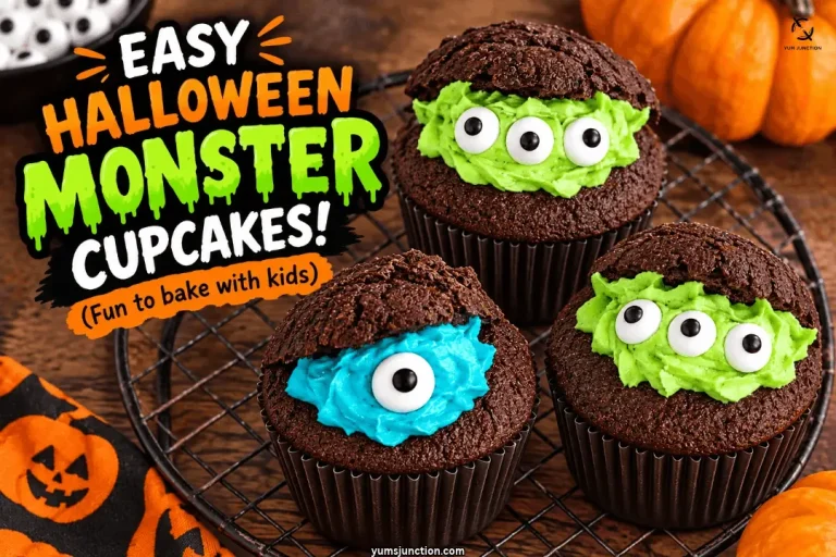 Three chocolate monster cupcakes with green and blue buttercream and one or three sugar eyes on a cooling rack