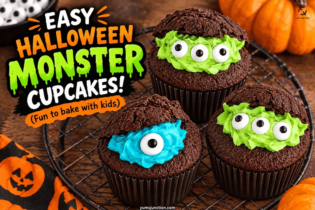 Three chocolate monster cupcakes with green and blue buttercream and one or three sugar eyes on a cooling rack