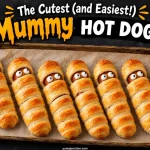 Row of baked mummy hot dogs with googly eyes on a parchment-lined baking tray