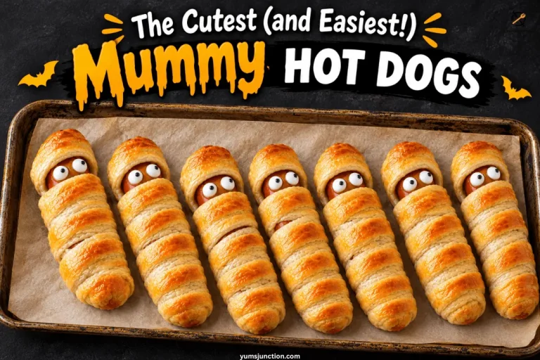 Row of baked mummy hot dogs with googly eyes on a parchment-lined baking tray