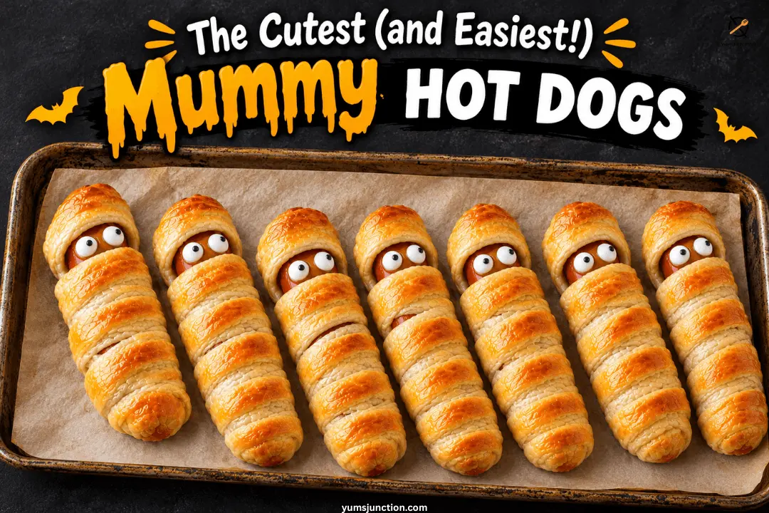 Row of baked mummy hot dogs with googly eyes on a parchment-lined baking tray