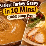 showing lump-free turkey gravy being whisked in a roasting pan beside gravy poured over sliced turkey and mashed potatoes
