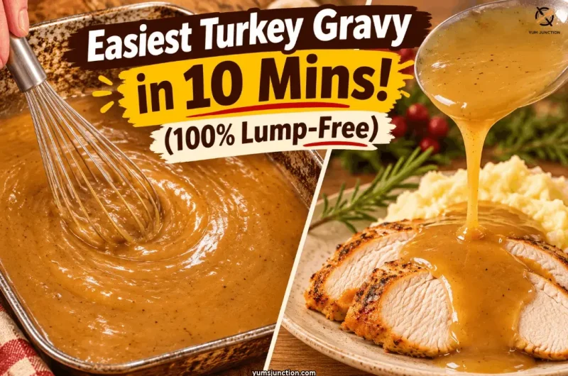 showing lump-free turkey gravy being whisked in a roasting pan beside gravy poured over sliced turkey and mashed potatoes