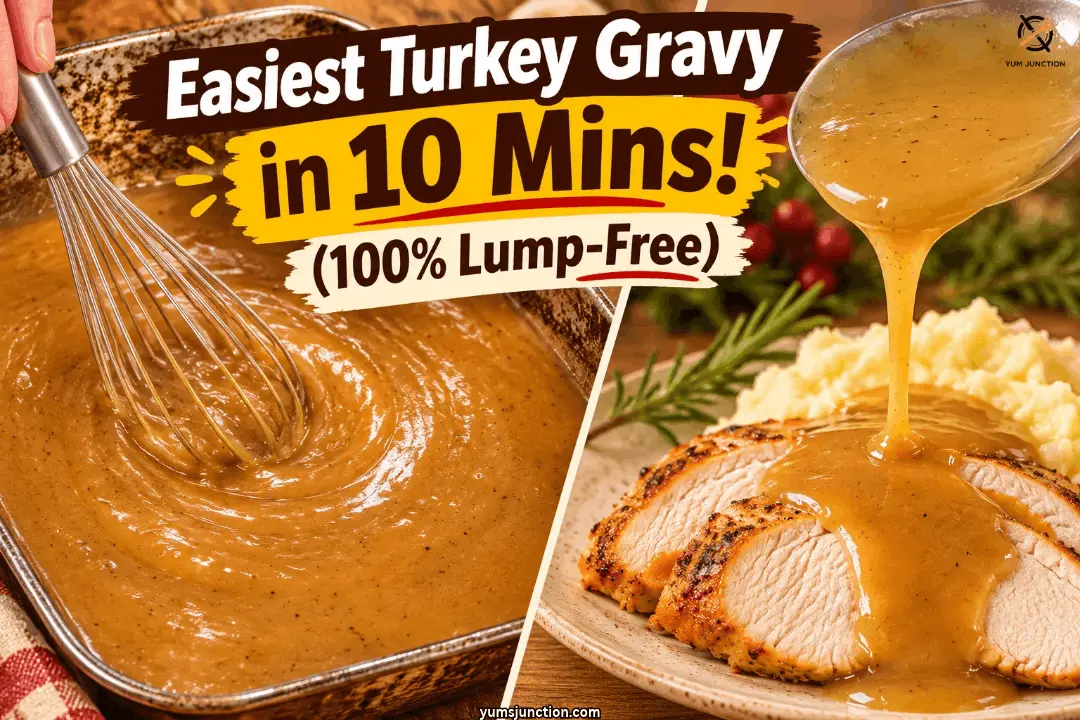 showing lump-free turkey gravy being whisked in a roasting pan beside gravy poured over sliced turkey and mashed potatoes