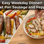 Sheet pan of roasted Italian sausage and peppers next to a hand grating Parmesan over a bowl of sausage and peppers over rice