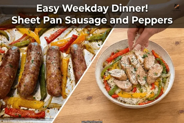 Sheet pan of roasted Italian sausage and peppers next to a hand grating Parmesan over a bowl of sausage and peppers over rice