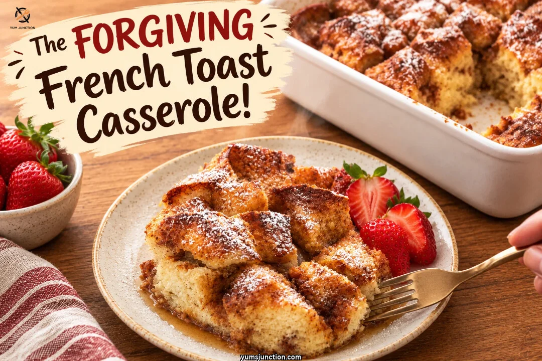 Plate of baked French toast casserole with powdered sugar and strawberries next to the full baking dish