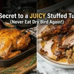 showing a golden roasted stuffed turkey being basted with gravy beside a plate of sliced turkey, sausage stuffing, and cranberry sauce