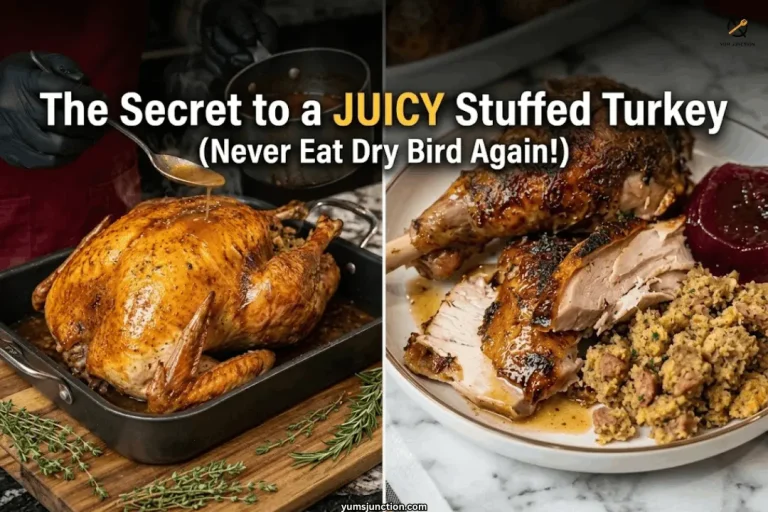 showing a golden roasted stuffed turkey being basted with gravy beside a plate of sliced turkey, sausage stuffing, and cranberry sauce
