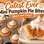 Mini muffin pan of baked mini pumpkin pie bites topped with cinnamon whipped cream next to a bitten pie bite showing creamy filling