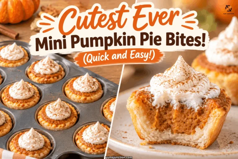 Mini muffin pan of baked mini pumpkin pie bites topped with cinnamon whipped cream next to a bitten pie bite showing creamy filling