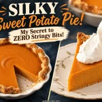 Whole sweet potato pie with a slice removed next to a close-up of whipped cream being spooned onto a pie slice