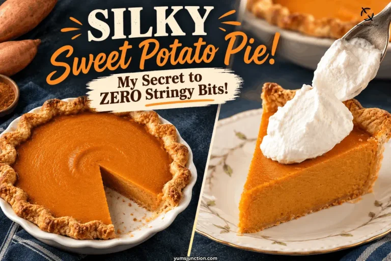 Whole sweet potato pie with a slice removed next to a close-up of whipped cream being spooned onto a pie slice