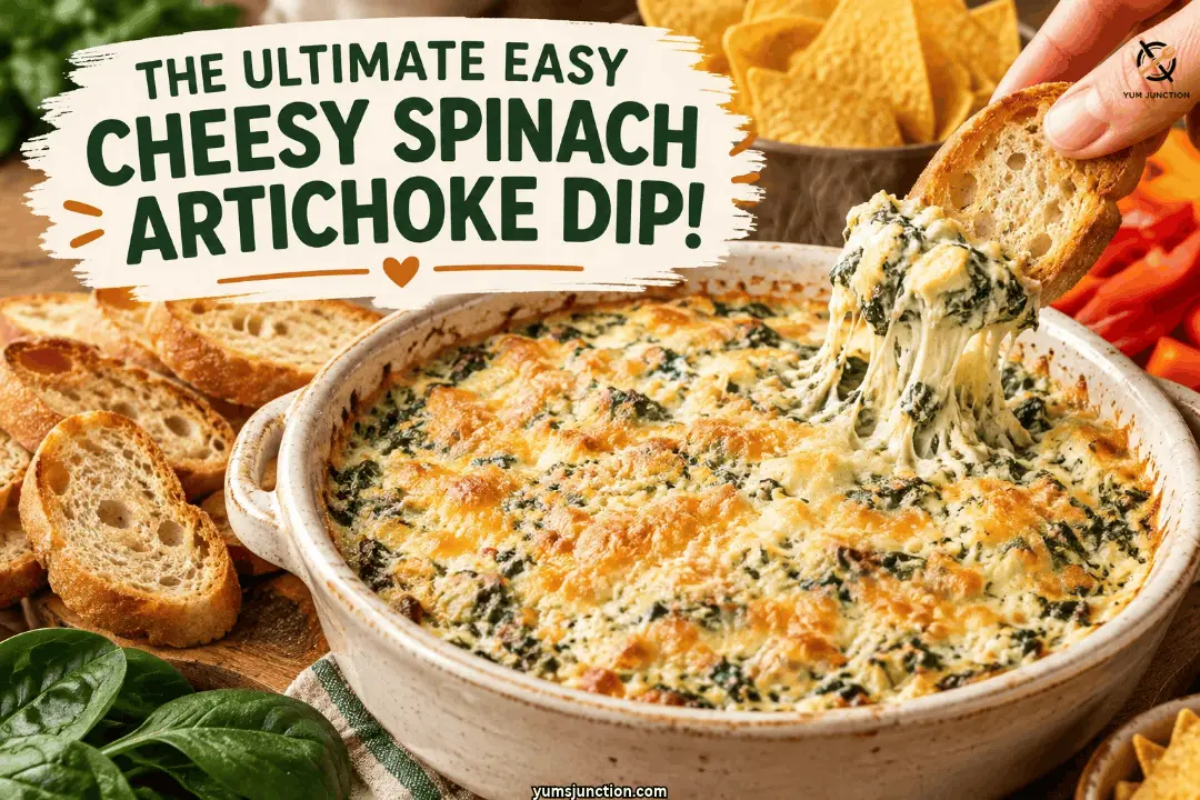 showing a baked cheesy spinach artichoke dip with a toasted baguette slice being dipped, surrounded by tortilla chips and bread