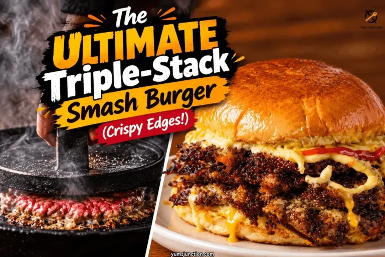 Burger press smashing beef in a smoking cast iron skillet next to a finished triple stack smash burger